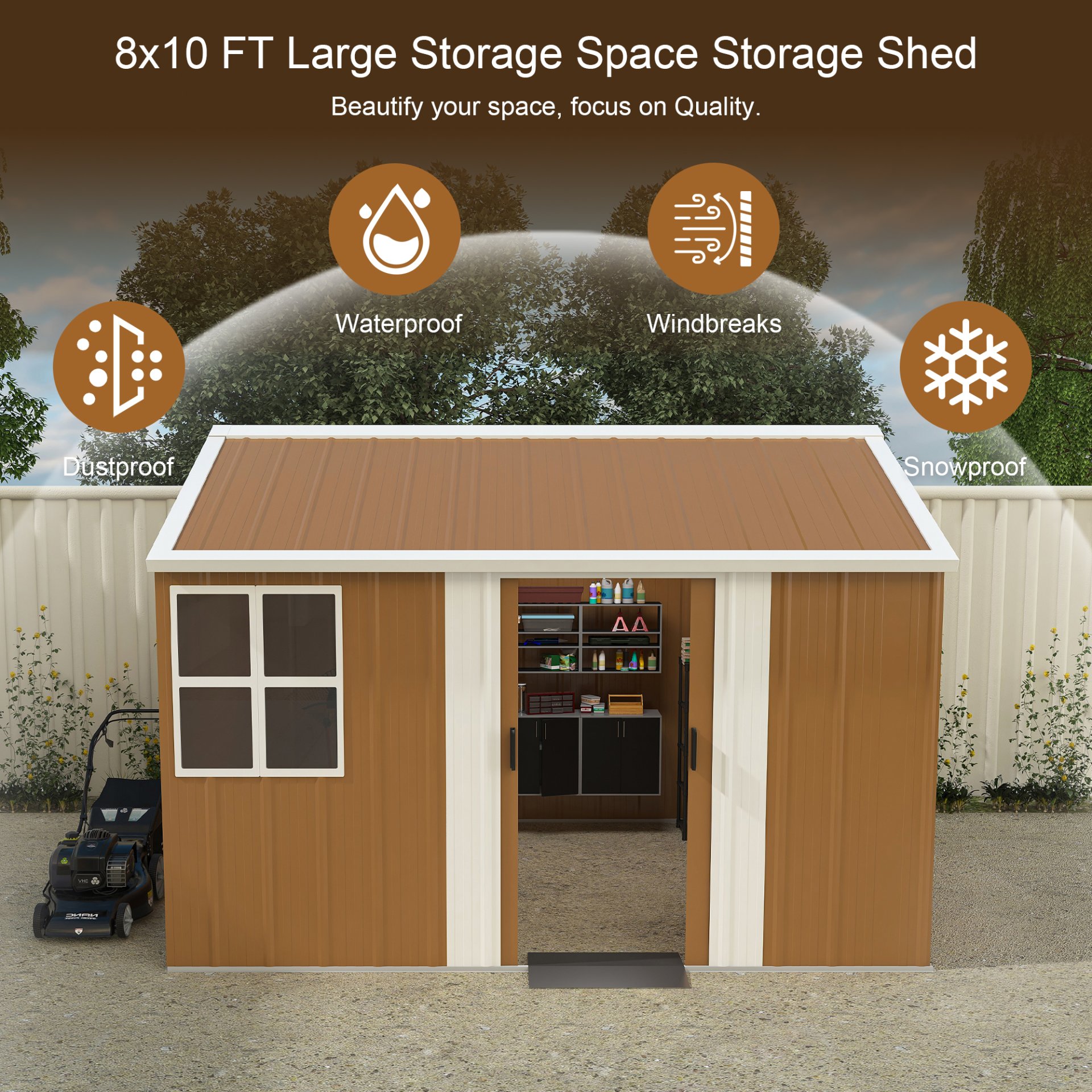 Heavy Duty Storage Shed With Windows, Lockable Door & Ventilation Weatherproof Outdoor Garden Shed - Brown - Image 4