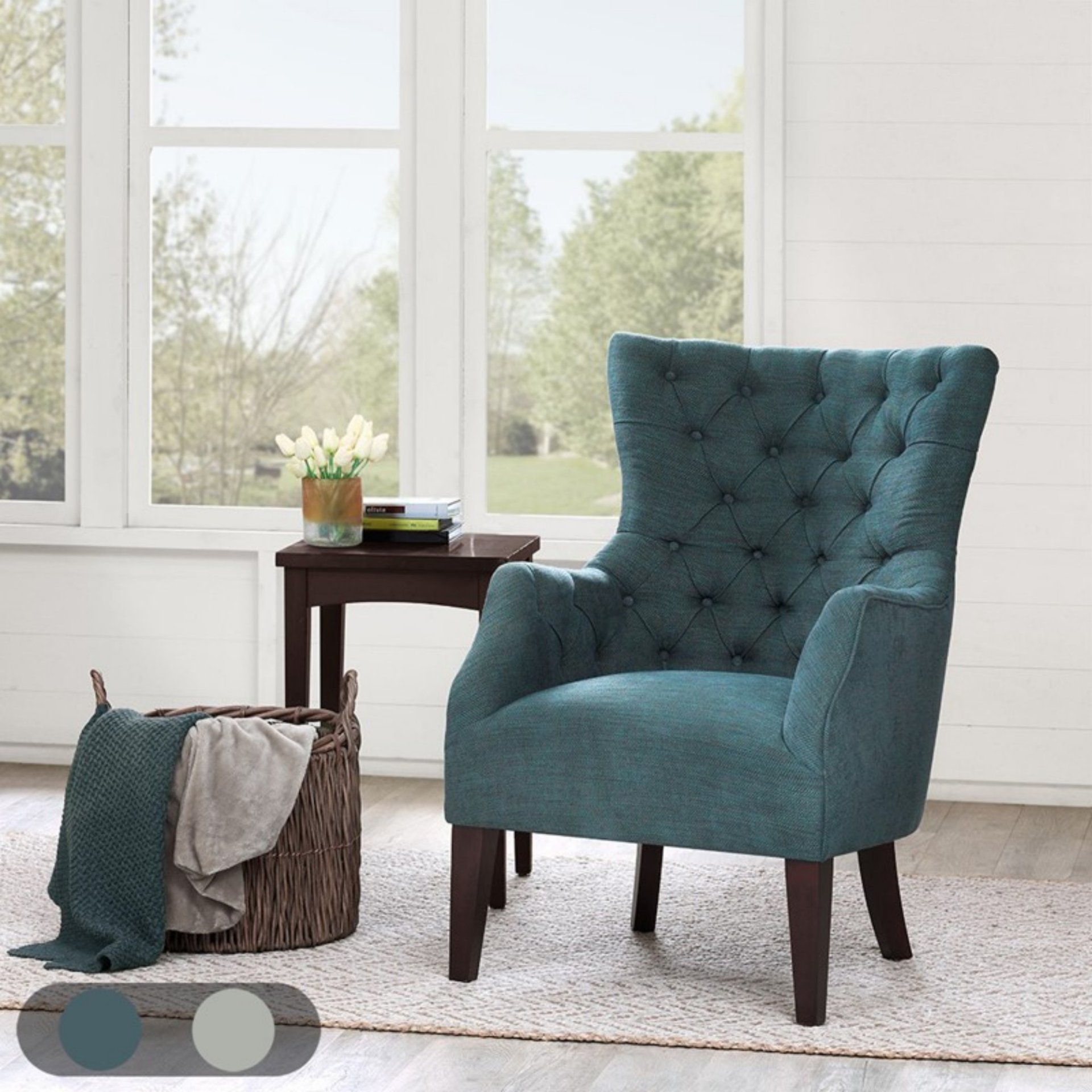 Hannah - Button Tufted Wing Chair With Birch Legs - Dark Green - Image 2