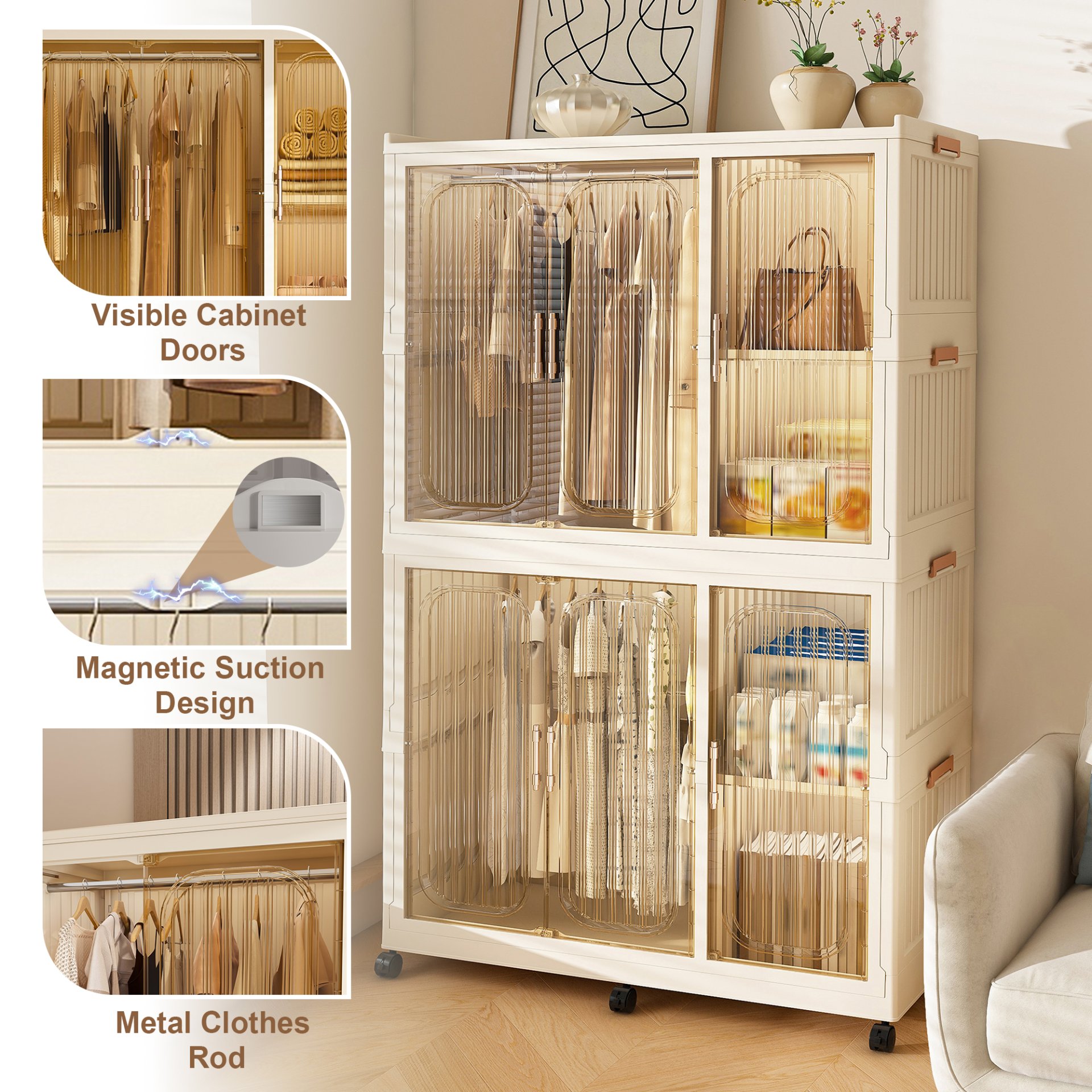 Portable Wardrobe Closet Storage Organizer For Clothes, 6 Magnetic Doors With 6 Cubes & 2 Hanging Rods, 6 Hangers - Cream White - Image 7