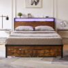 Modern King Size Metal Platform Bed Frame With Wooden Headboard USB Charging LED Lights And Storage - Brown / Black - Image 5