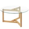 Round Glass Coffee Table Modern Cocktail Table With Tempered Glass Top & Sturdy Wood Base - Natural - Image 11