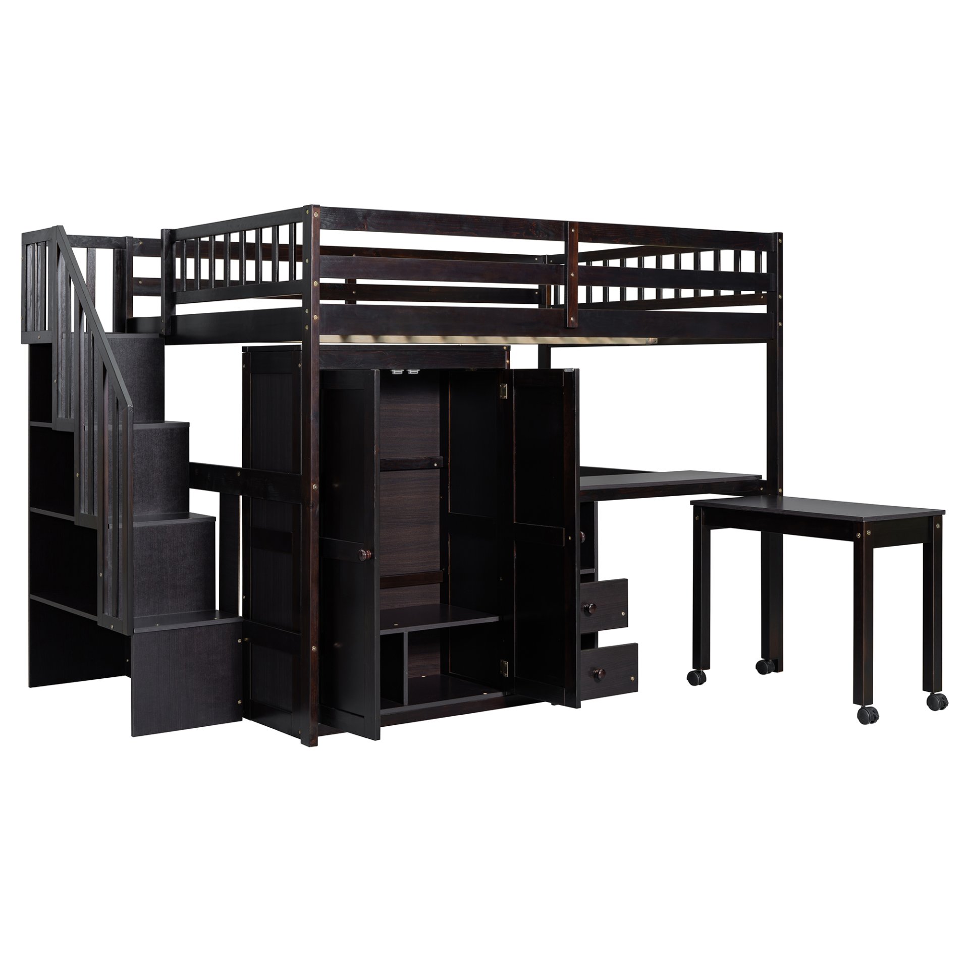 Full Size Loft Bed With Stairs, Bookshelf, Drawers, Desk & Wardrobe, Space Saving Multifunctional Furniture - Espresso - Image 10