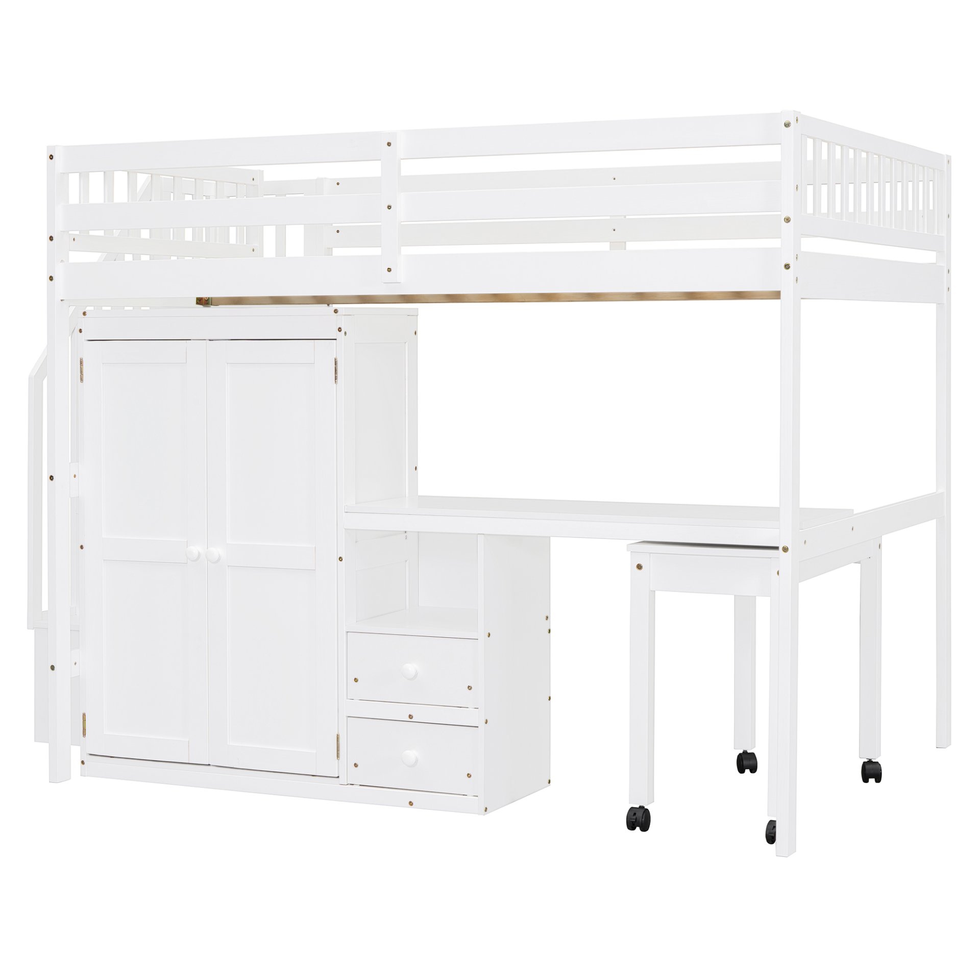 Full Size Loft Bed With Stairs, Bookshelf, Drawers, Desk & Wardrobe, Space Saving Multifunctional Furniture - White - Image 4