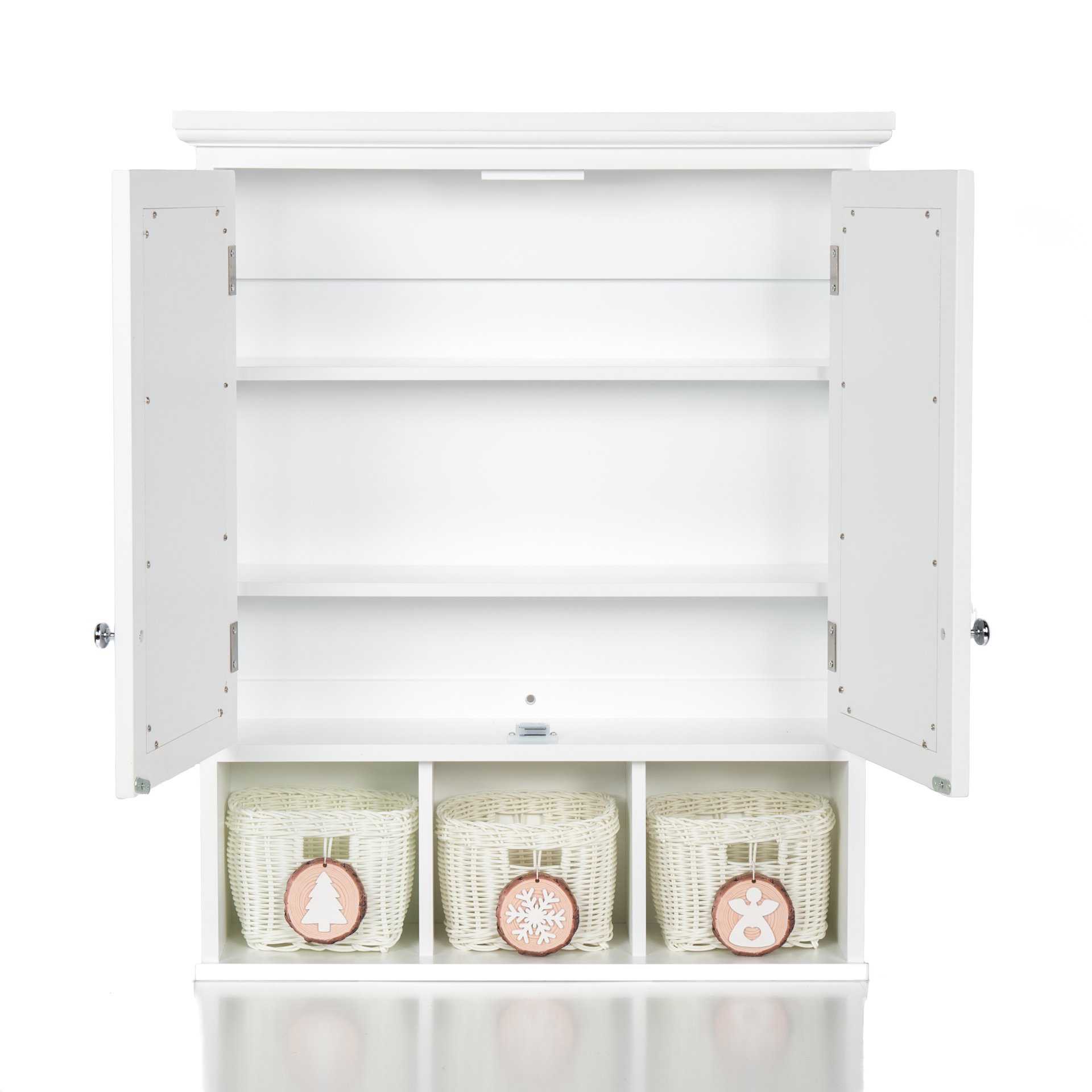 Bathroom Storage Cabinet, Medicine Cabinets For Bathroom With Mirror, 2 Doors 2 Adjustable Shelf & 3 Christmas Style Storage Basket - White - Image 8