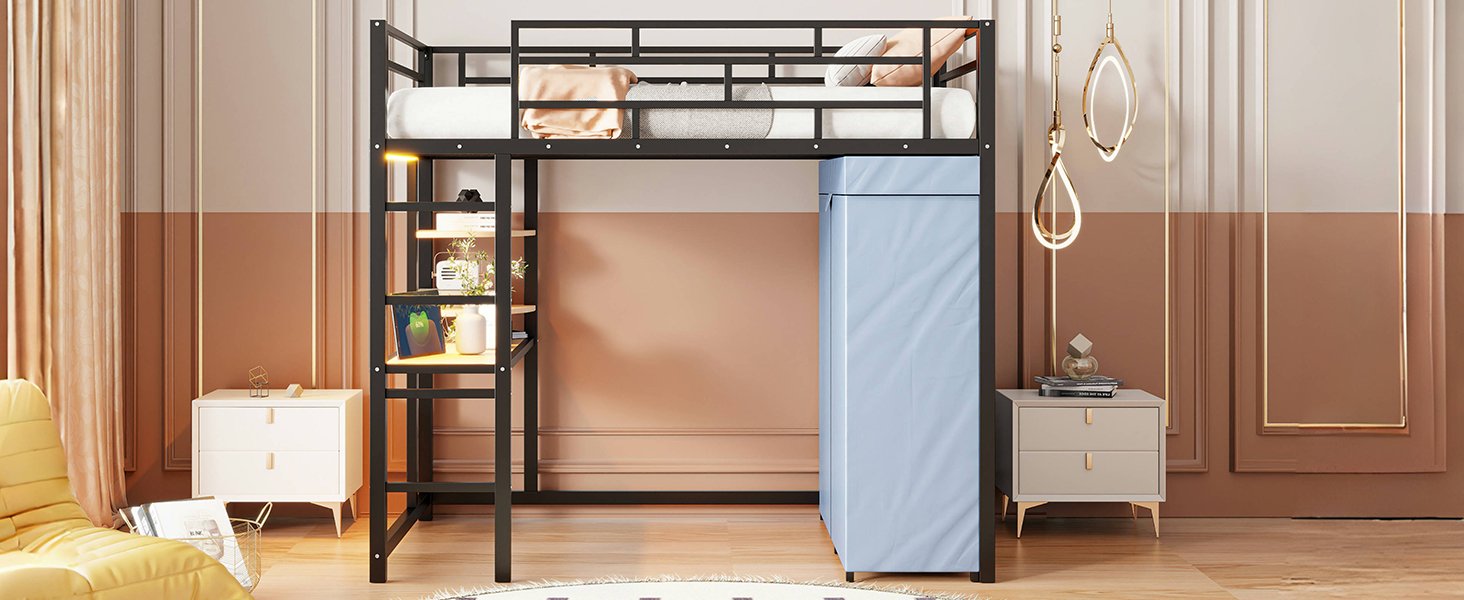 Twin Size Loft Bed With Desk, Shelves, Power Outlet, LED Light And Wardrobe - Black - Image 25