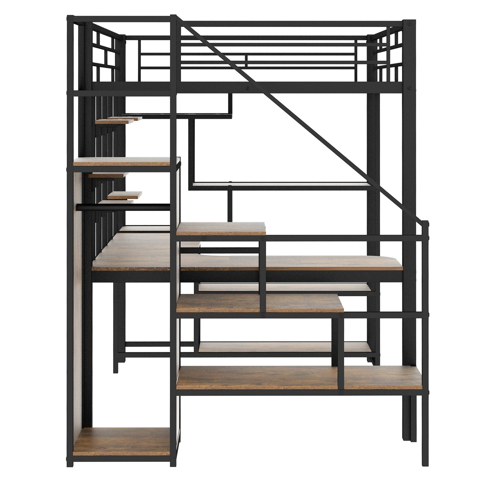 Full Size Metal Loft Bed With Storage Staircase And Small Wardrobe, Built - In Desk And Storage Shelves - Black - Image 11