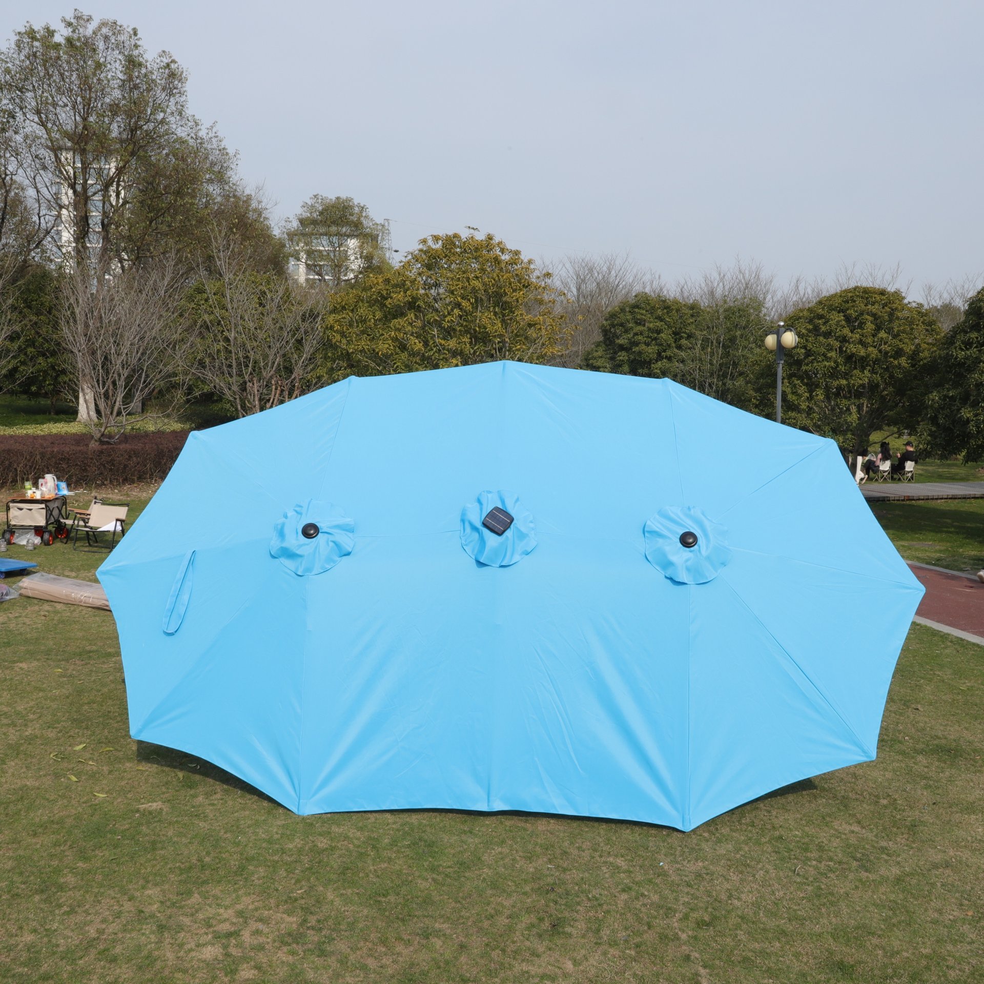 15 X 9 Ft Double Sided Outdoor Market Umbrella With Lights And Base Rectangular Twin Canopy - Blue - Image 7