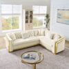Shaped Chesterfield Sectional Sofa With Stainless Steel Accents Velvet Button Tufted Sofa With 5 Pillows Luxury Couch For Living Room - Beige - Image 4