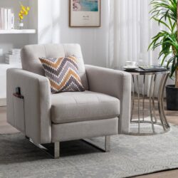 Victoria - Linen Fabric Armchair With Metal Legs, Side Pockets, And Pillow - Beige