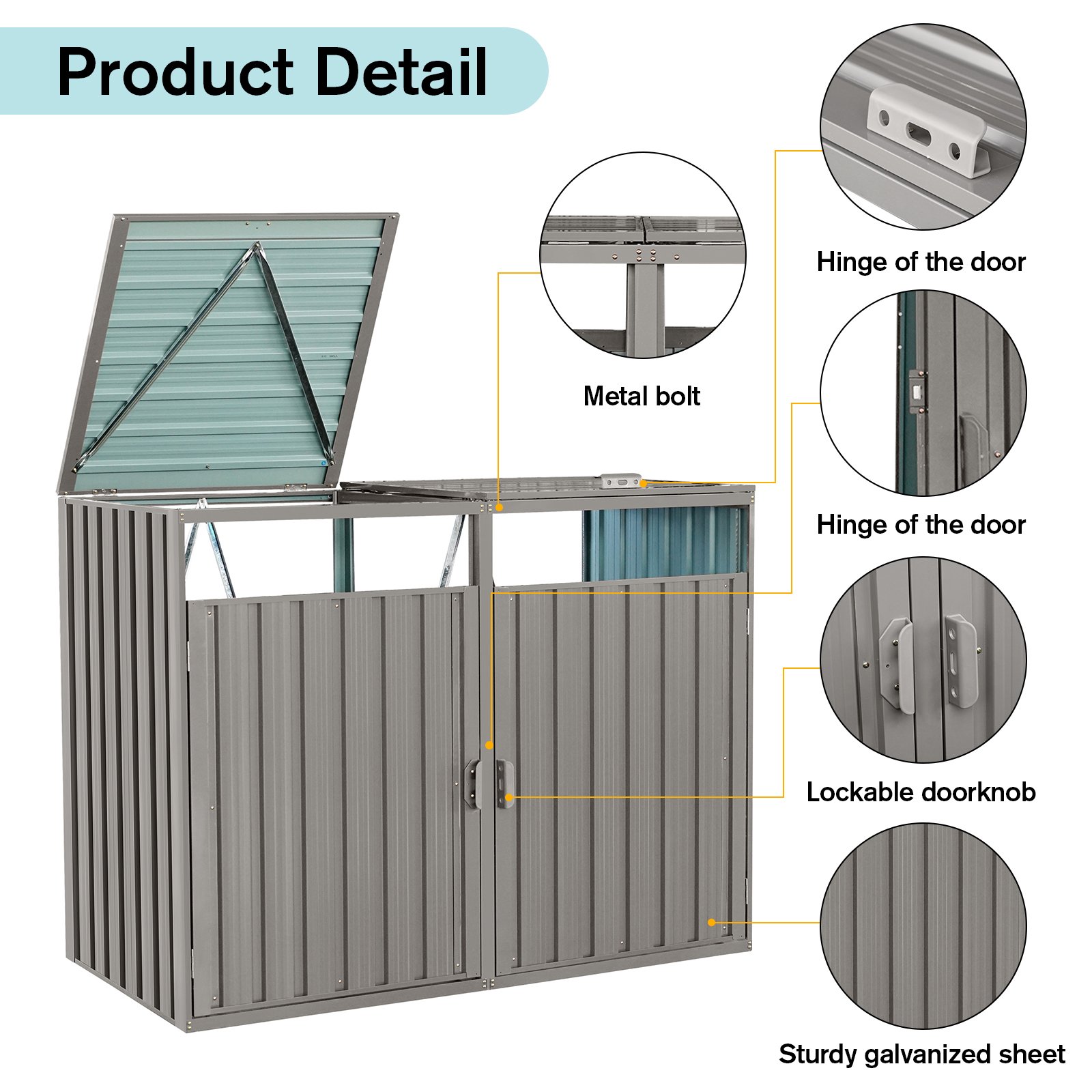 Garbage Bin Shed Stores 2 Trash Cans Metal Outdoor Bin Shed For Garbage Storage, Stainless Galvanized Steel, Bin Shed For Garden Yard Lawn - Gray - Image 5