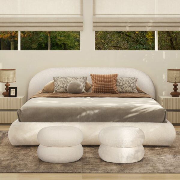 Archie Puffy Grounded - King Upholstered Platform Bed - Almond White