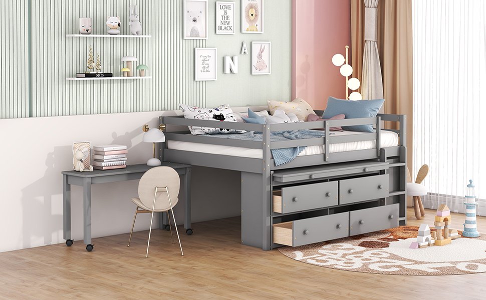 Full Size Loft Bed With Retractable Writing Desk And 4 Drawers, With Lateral Portable Desk And Shelves - Gray - Image 18