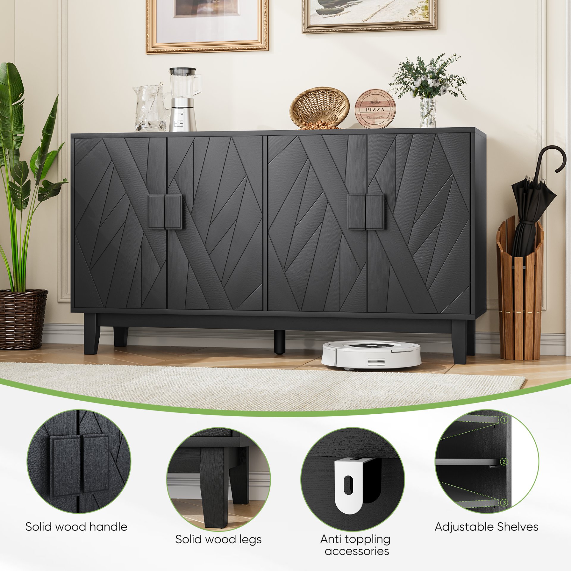 Modern Style Buffet Cabinet, Storage Side Cabinet Buffet Cabinet, Medieval Modern Multifunctional Decorative Cabinet Suitable For Living Room, Dining Room, Entrance, Corridor, Kitchen - Black - Image 7