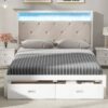 Elegant Wood Queen Size Platform Bed With Upholstered Headboard Led And Storage Drawers In Antique - Antique White - Image 4