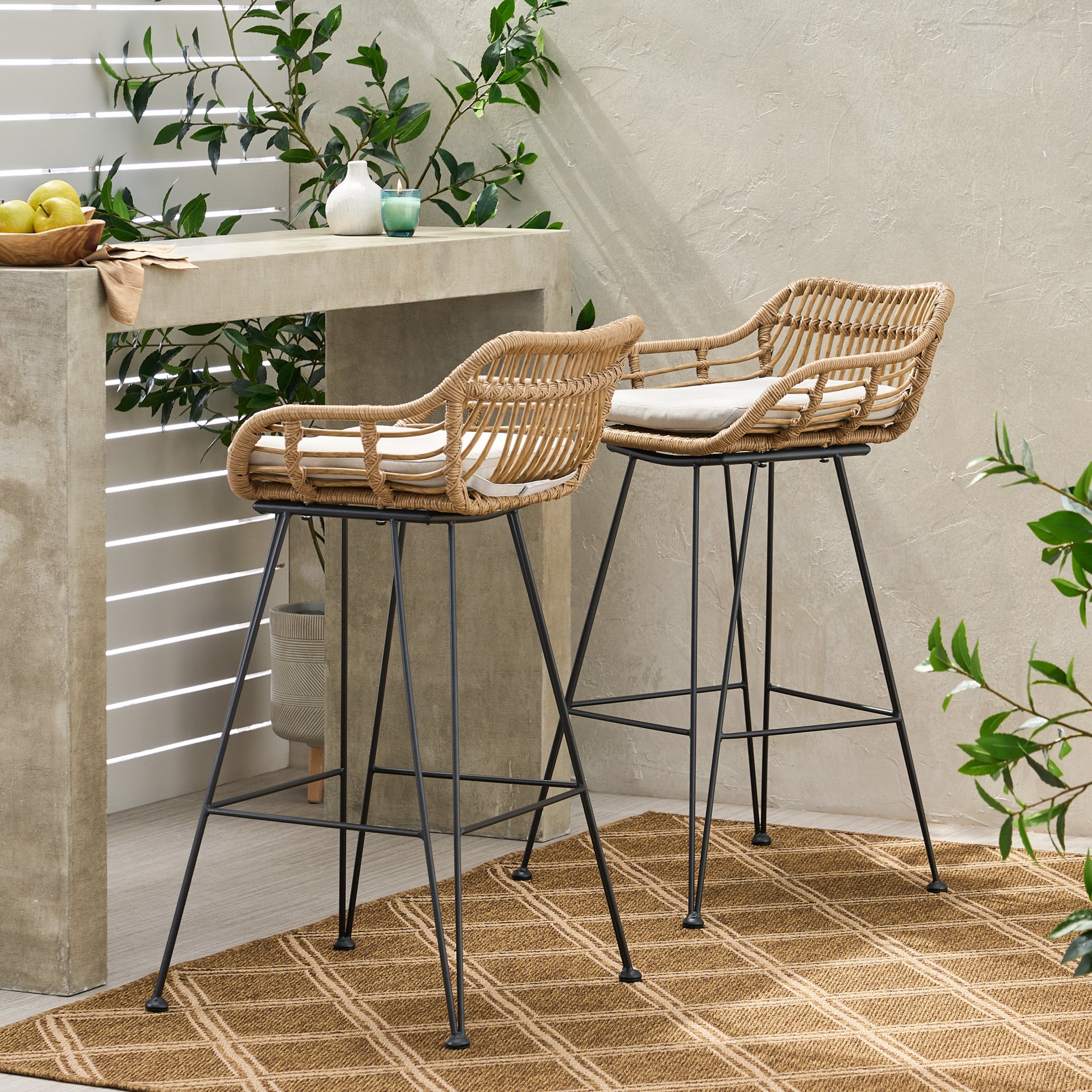 Outdoor Rattan Bar Chair With Metal Legs - Brown - Image 2
