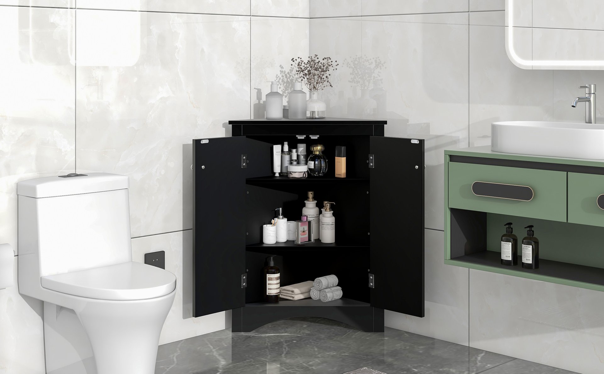 Triangle Bathroom Storage Cabinet With Adjustable Shelves, Freestanding Floor Cabinet For Home Kitchen - Black - Image 20