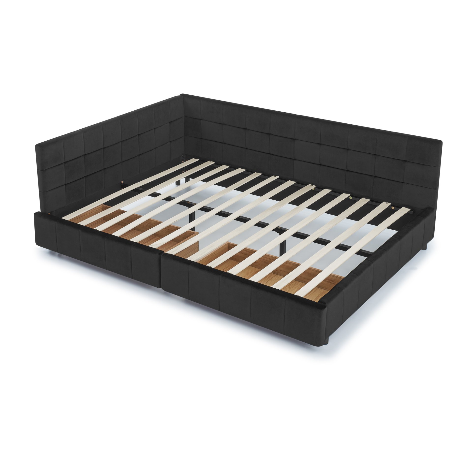 Mid Century Queen Size Storage Upholstered Tufted Bed Frame With Backrest And Armrests Velvet - Black - Image 11