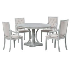 5 Piece Dining Set Retro Extendable Round Table And 4 Chairs For Kitchen Dining Room - Antique Gray Oak