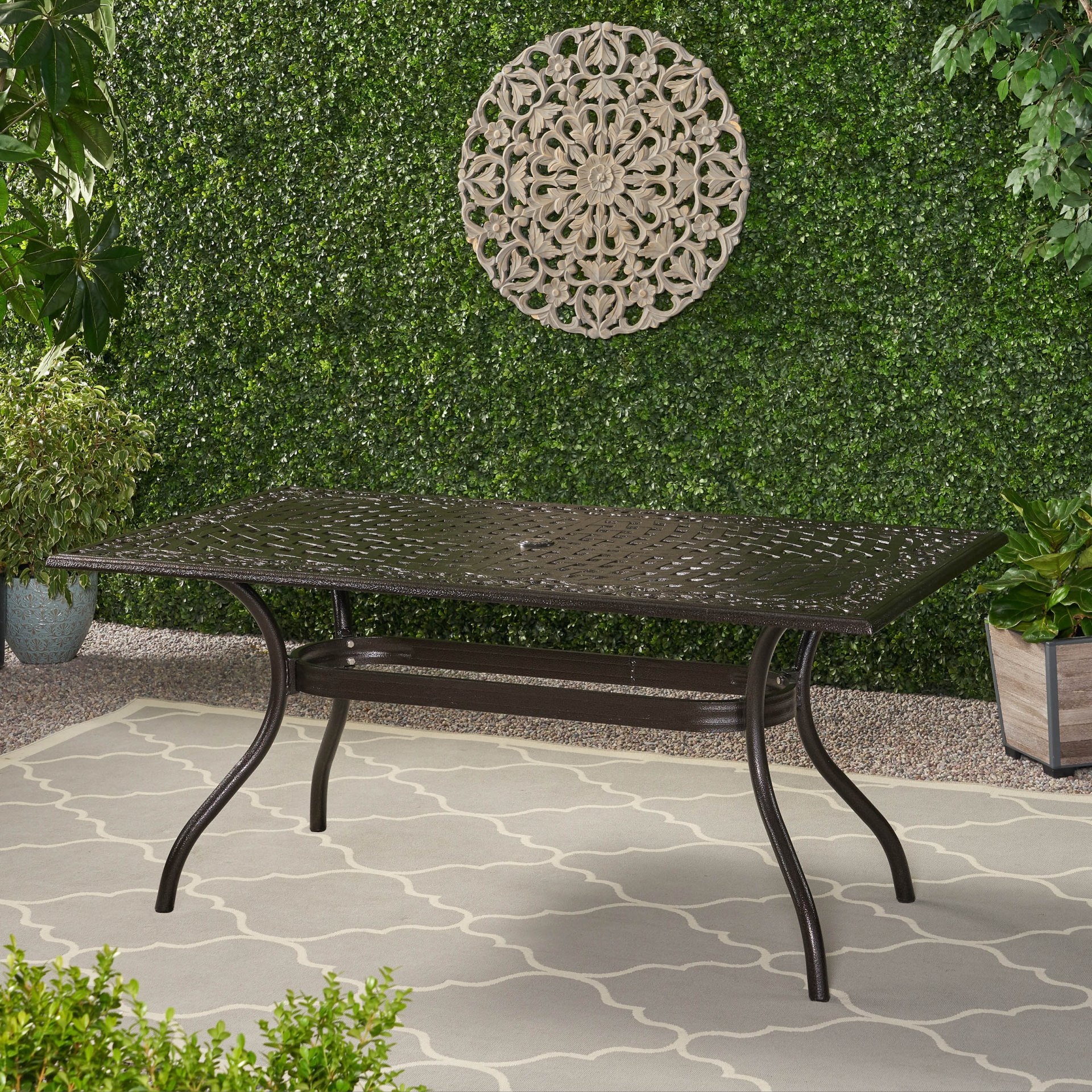 Celestine - Outdoor Cast Aluminum Dining Table With Floral Lattice Design And Umbrella Holder - Bronze - Image 2
