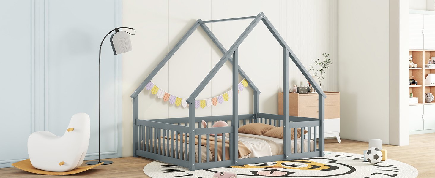 Full Wood House-Shaped Floor Bed With Fence, Guardrails - Gray - Image 10