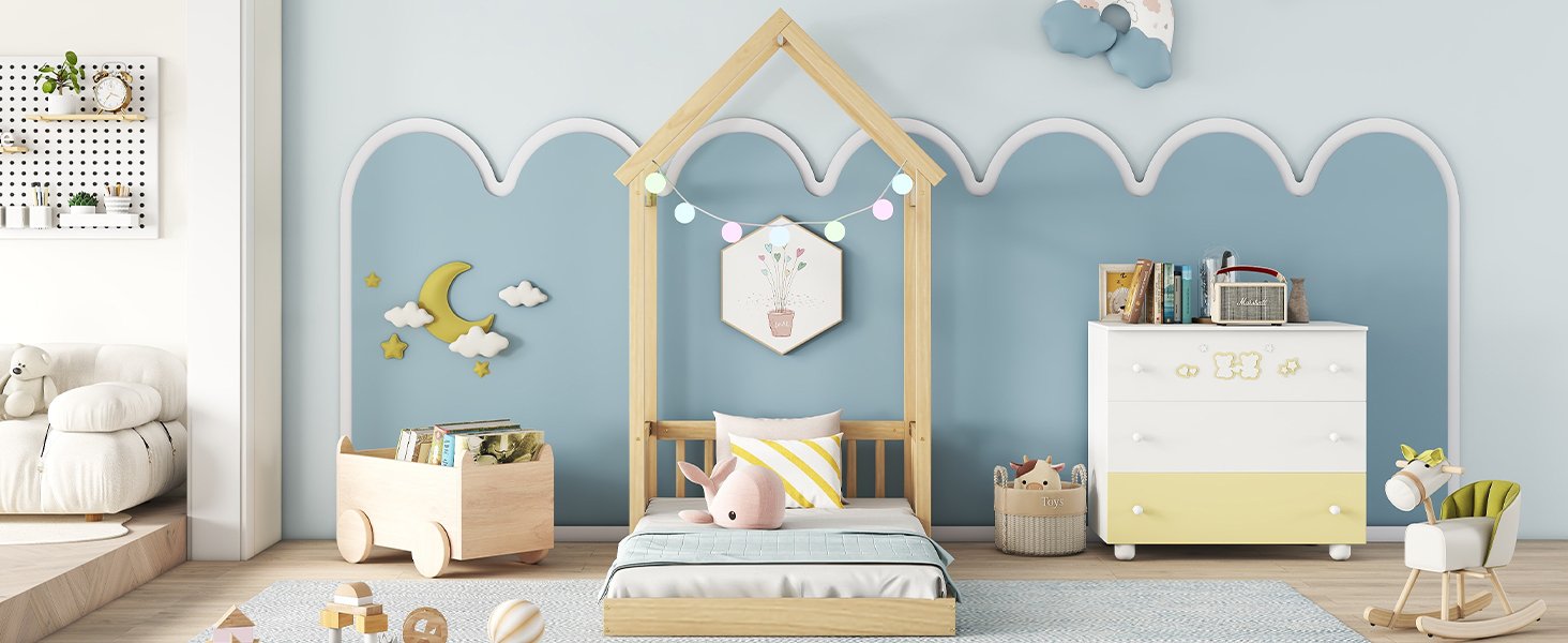 Twin House-Shaped Roof Headboard Floor Bed, (Without Slats) - Natural - Image 11