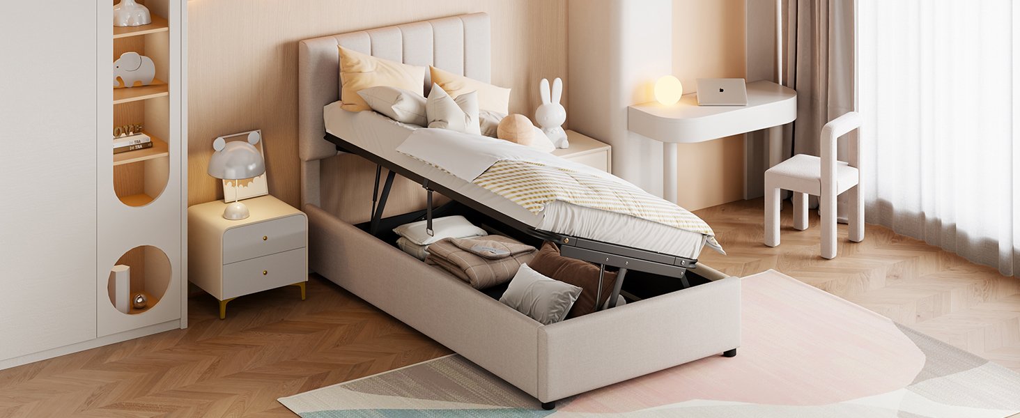 Twin Size Upholstered Platform Bed With A Hydraulic Storage System - Beige - Image 17