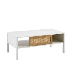 40.16" Rattan Coffee Table, Sliding Door For Storage, Metal Legs, Modern Table For Living Room - White