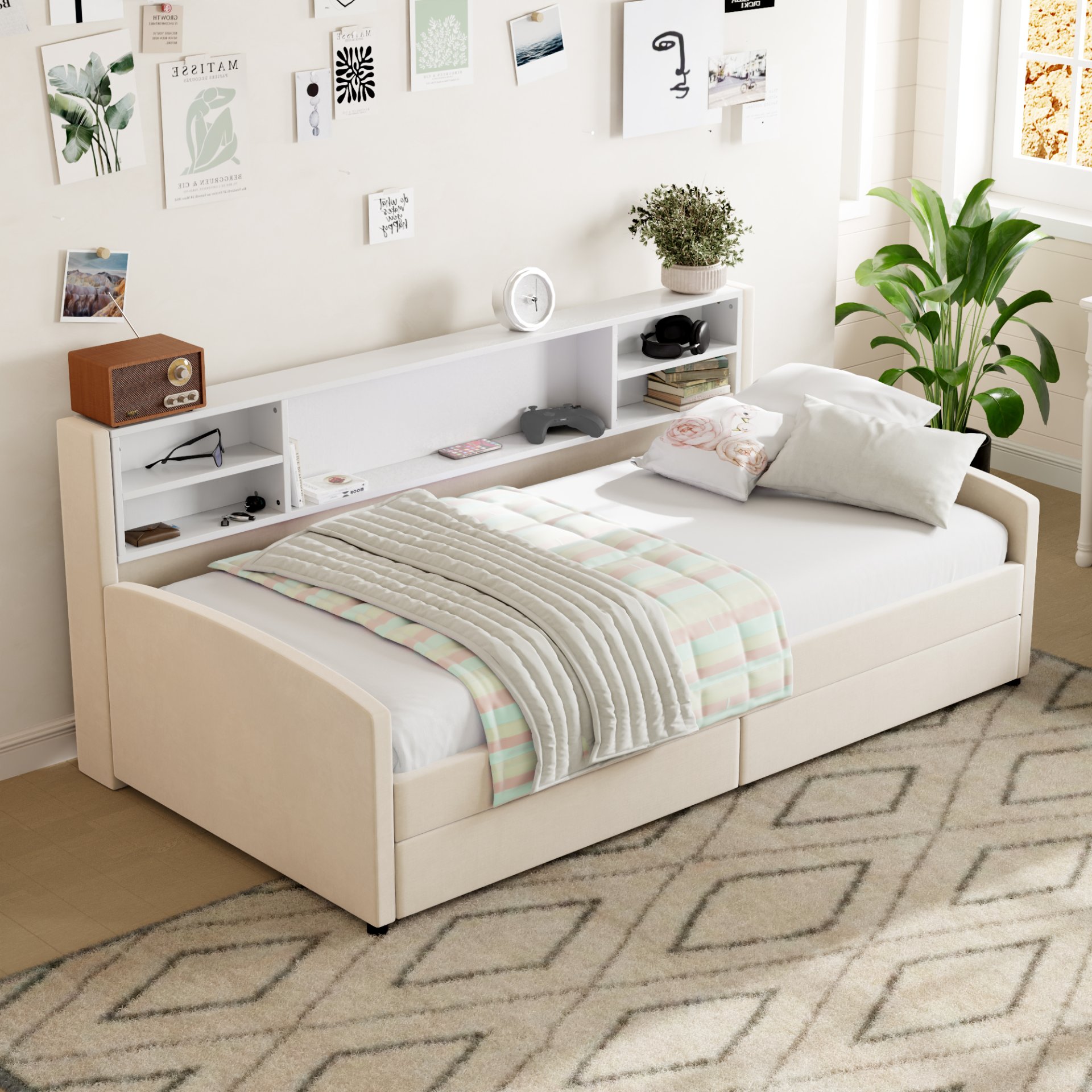 Twin Size Luxurious Upholstered Platform Bed With Storage Drawers - Beige - Image 4