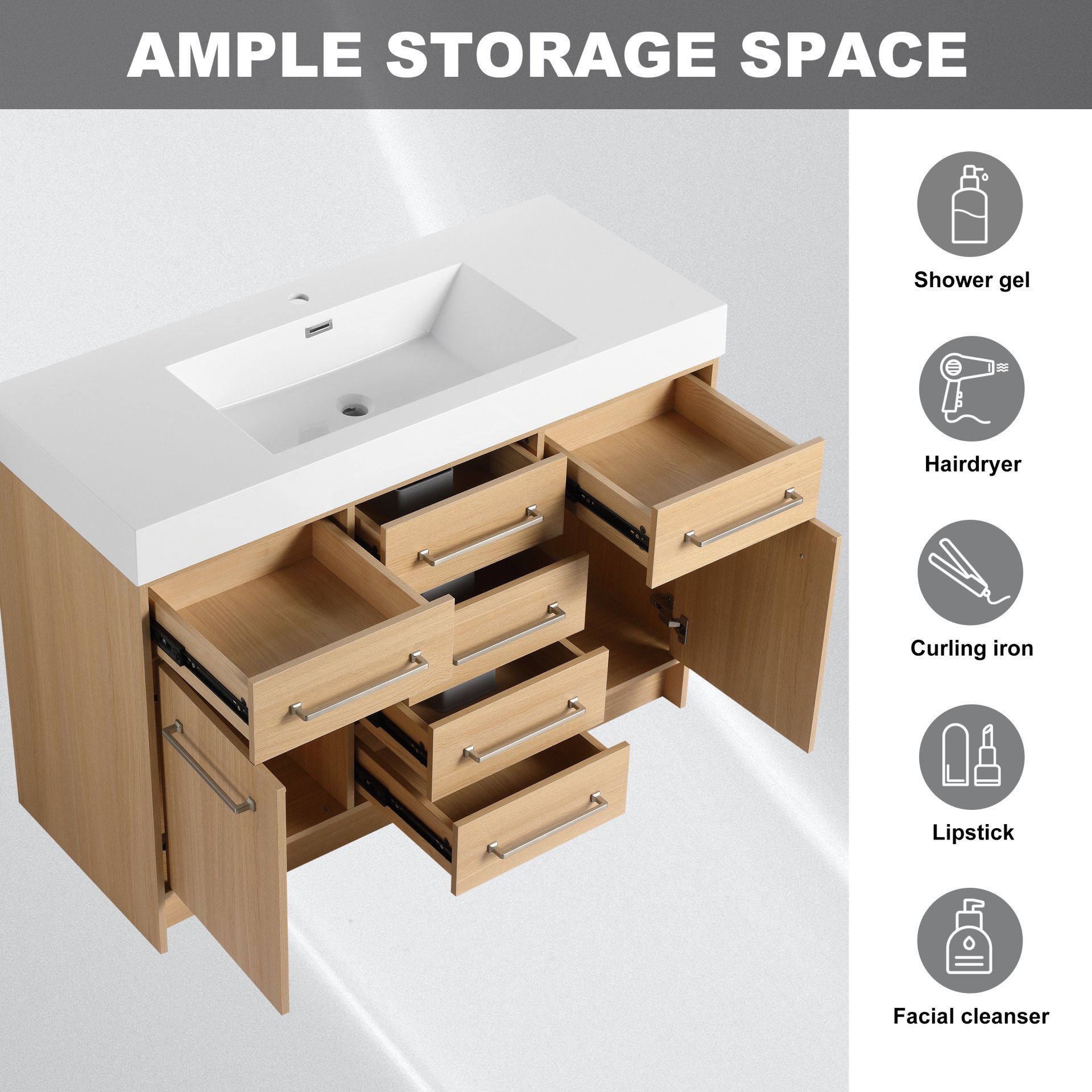 Original 48" Freestanding Bathroom Vanity With Resin Sink Soft Closing Doors And Drawers Plywood Construction - Oak - Image 5