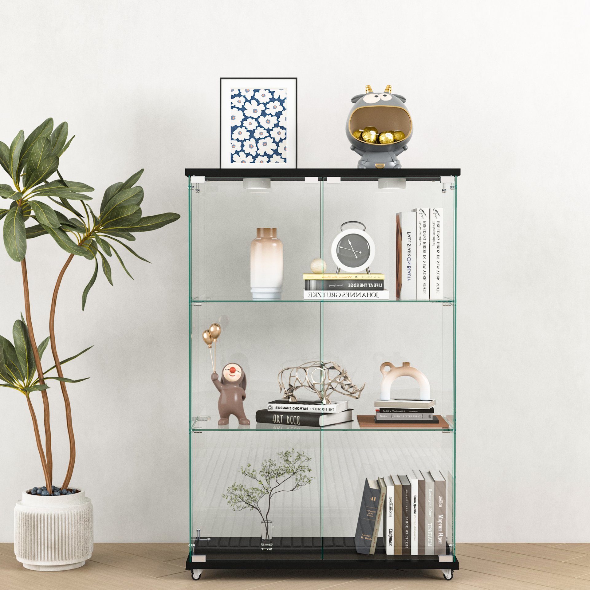 Modern Display Cabinet With LED Lights, Tempered Glass 2 Door Storage Case With 3 Shelves For Living Room Or Bedroom - Transparent - Image 2