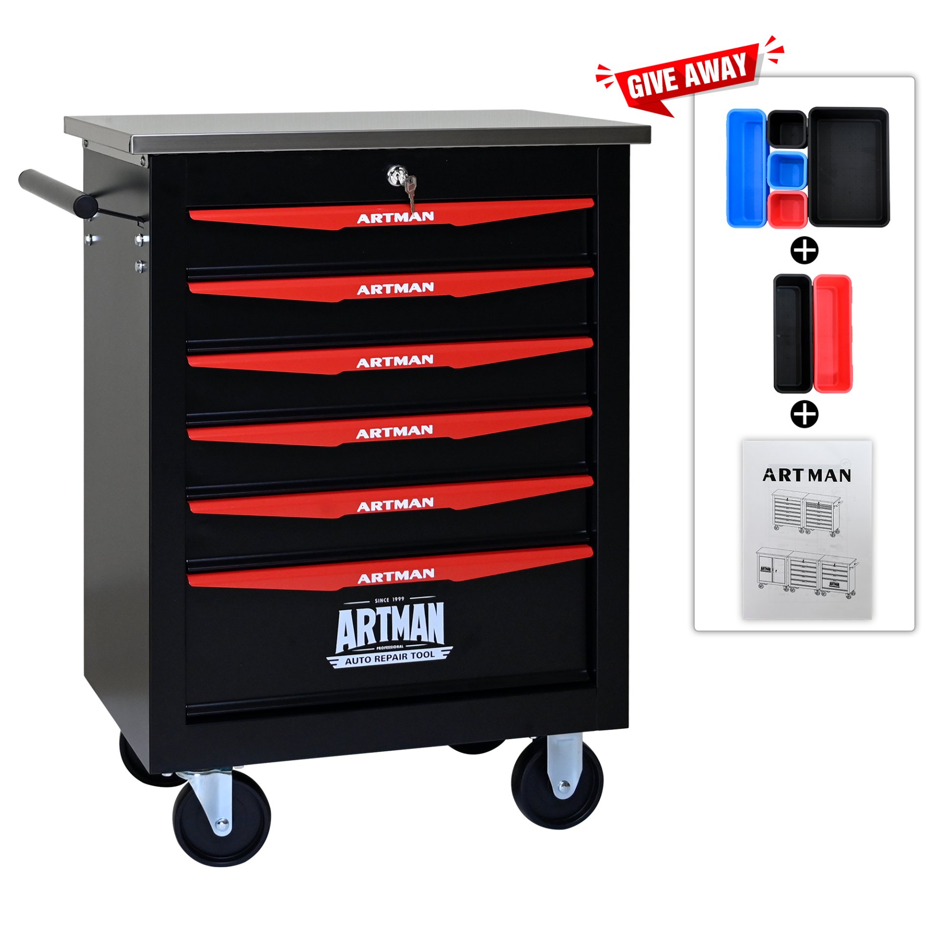 6 Drawer Multifunctional Tool Cart With Wheels, Metal Rolling Tool Cart Storage For Garage Workshop Warehouse Repair Shop With Stainless Steel Roof - Black / Red - Image 5
