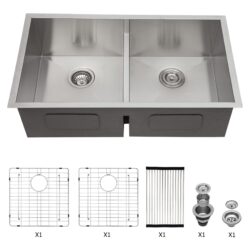 36" X 19" Double Bowl Undermount Sink With 2 10" Deep Basins - Brushed Nickel