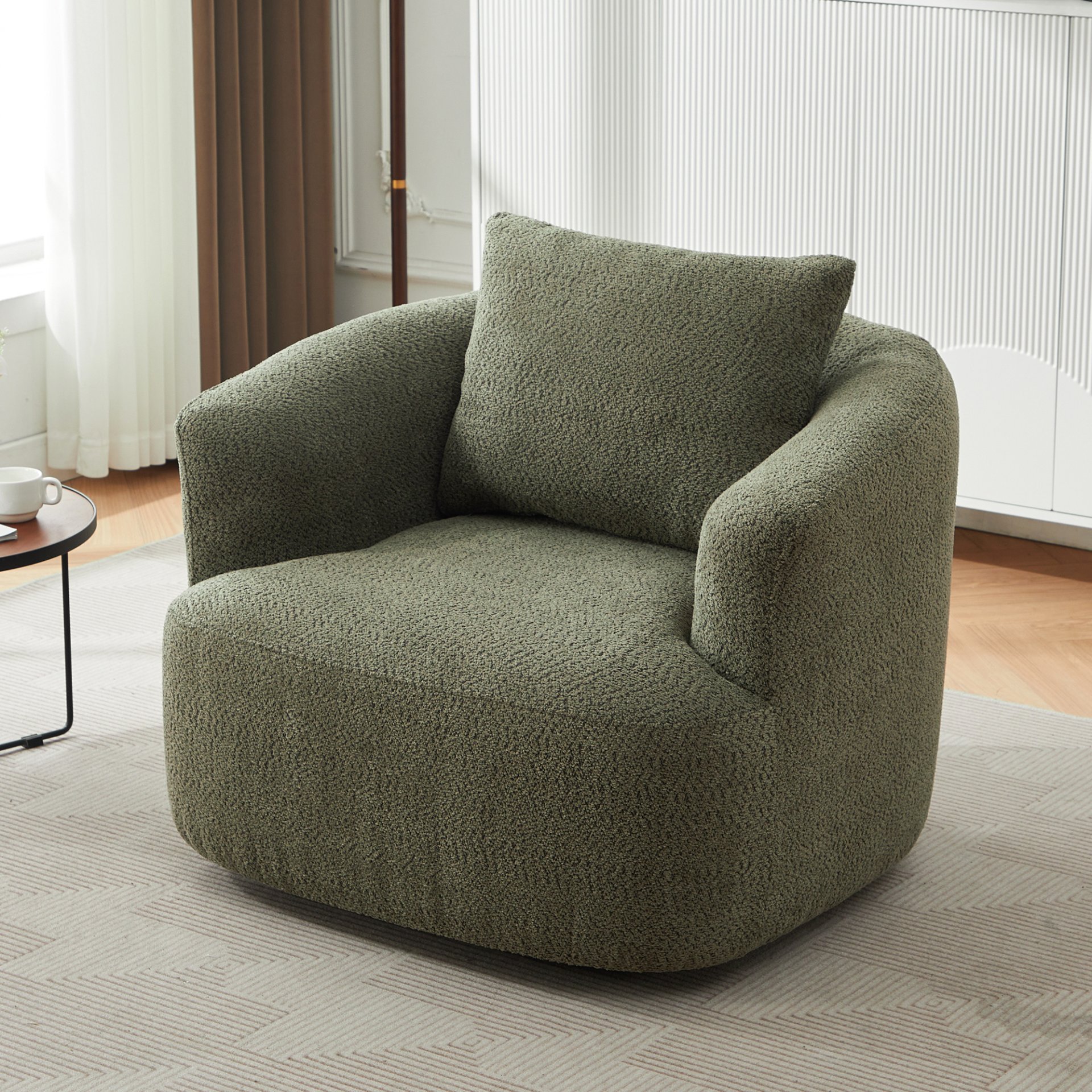 360° Swivel Chair, Chenille Upholstered Barrel Sofa Chair With Throw Pillow, For Living Room, Office - Green - Image 2