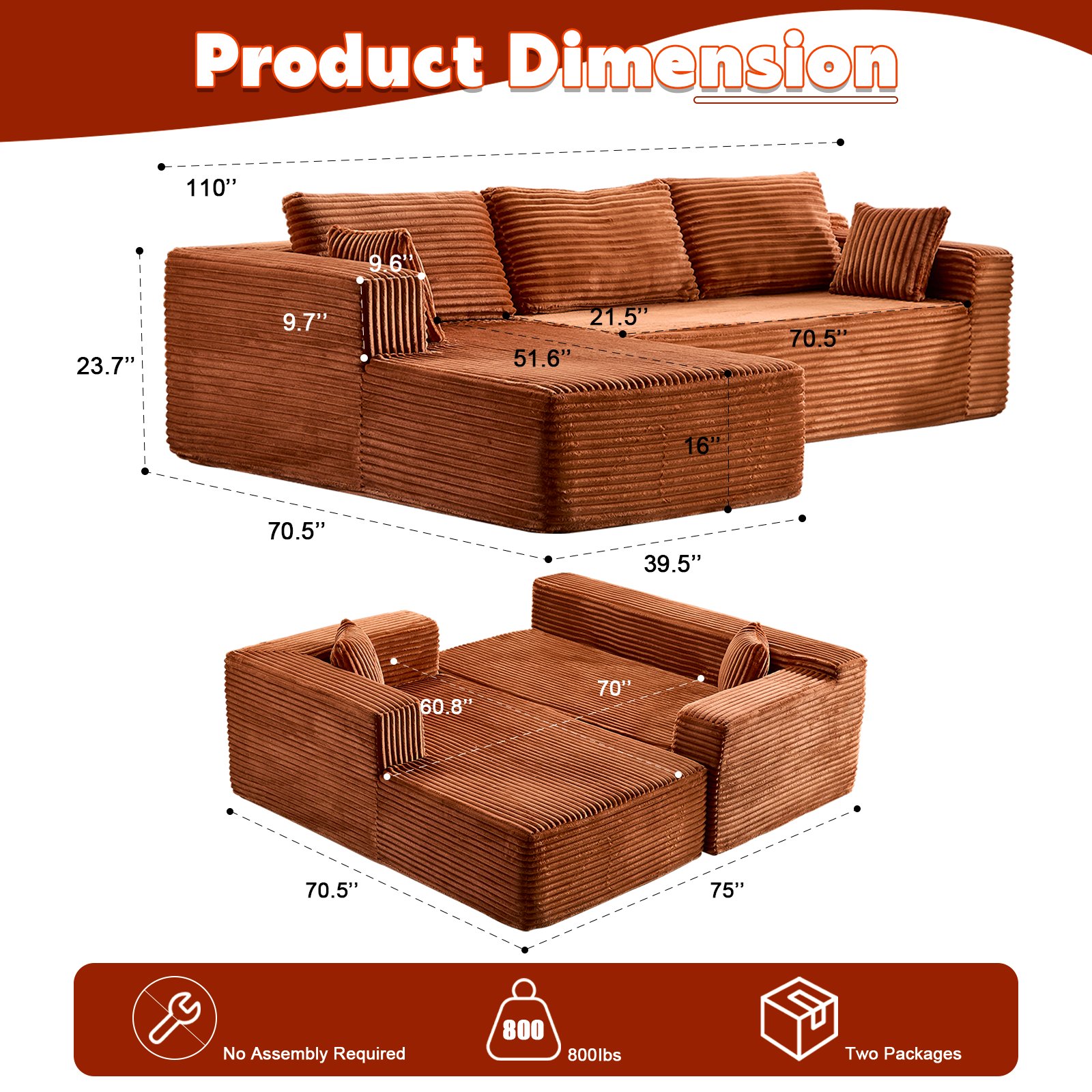 Compression Sectional Couch With Comfy Chaise, Boneless L Shape Sofa With Deep Seat, Minimalist Modular Couches Sleeper - Brown - Image 3