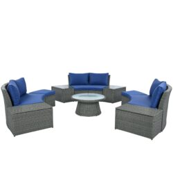10 Piece Outdoor Sectional Half Round Patio Rattan Sofa Set, Wicker Conversation Furniture Set For Free Combination - Blue