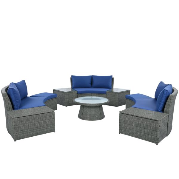 10 Piece Outdoor Sectional Half Round Patio Rattan Sofa Set, Wicker Conversation Furniture Set For Free Combination - Blue