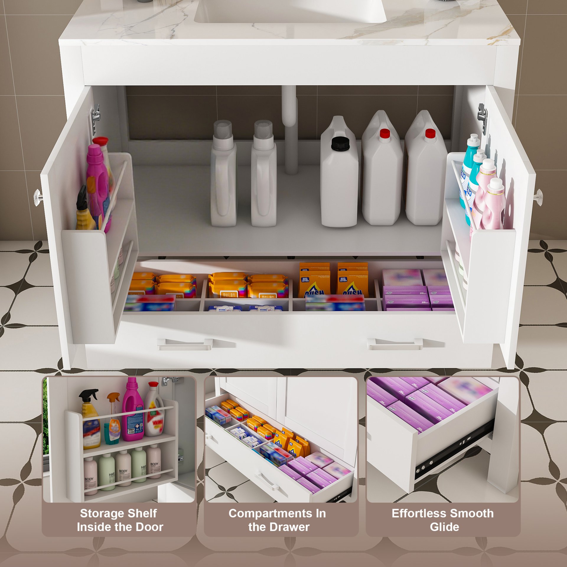 43" Bathroom Vanity, Multi Functional Cabinet, Doors And Drawer - White - Image 8