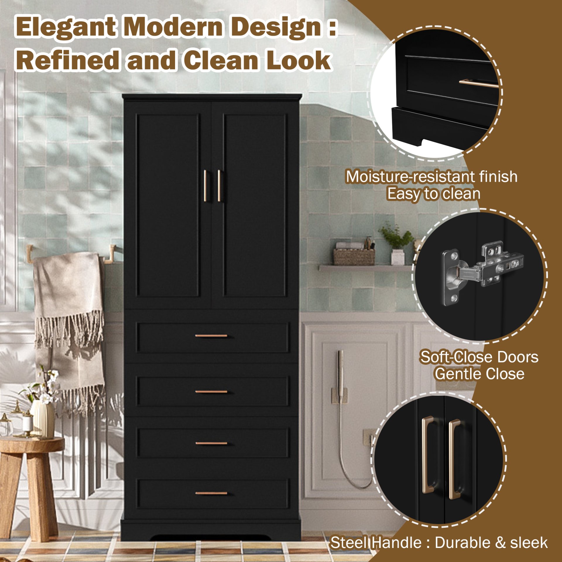 Bathroom Cabinet With 3 Drawers, Adjustable Shelf, Panels, Steel Handles, Soft Close Doors - Black - Image 6