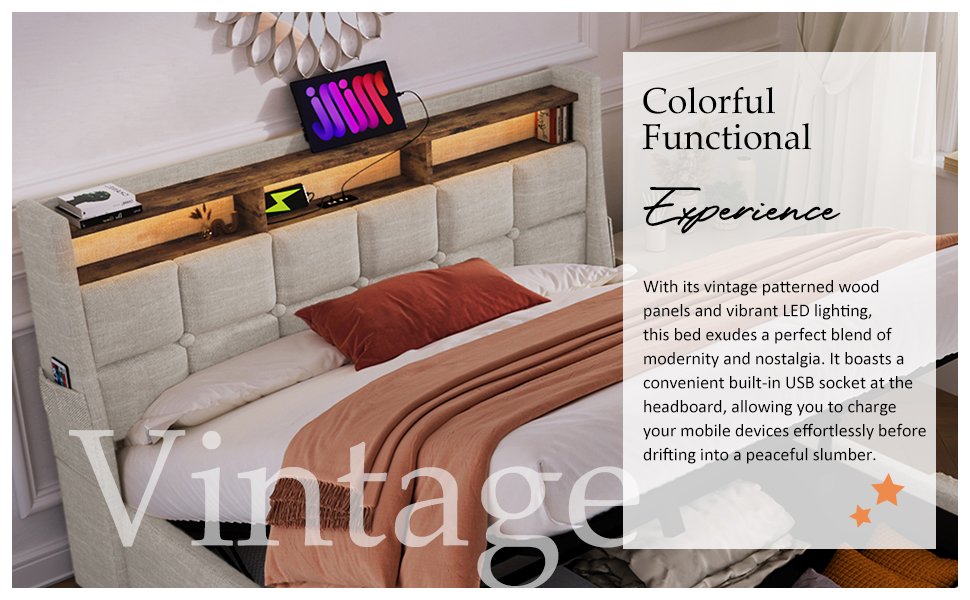 Full Size Upholstered Platform Bed With A Hydraulic Storage System, LED And USB Charging (Without Mattress) - Natural - Image 15