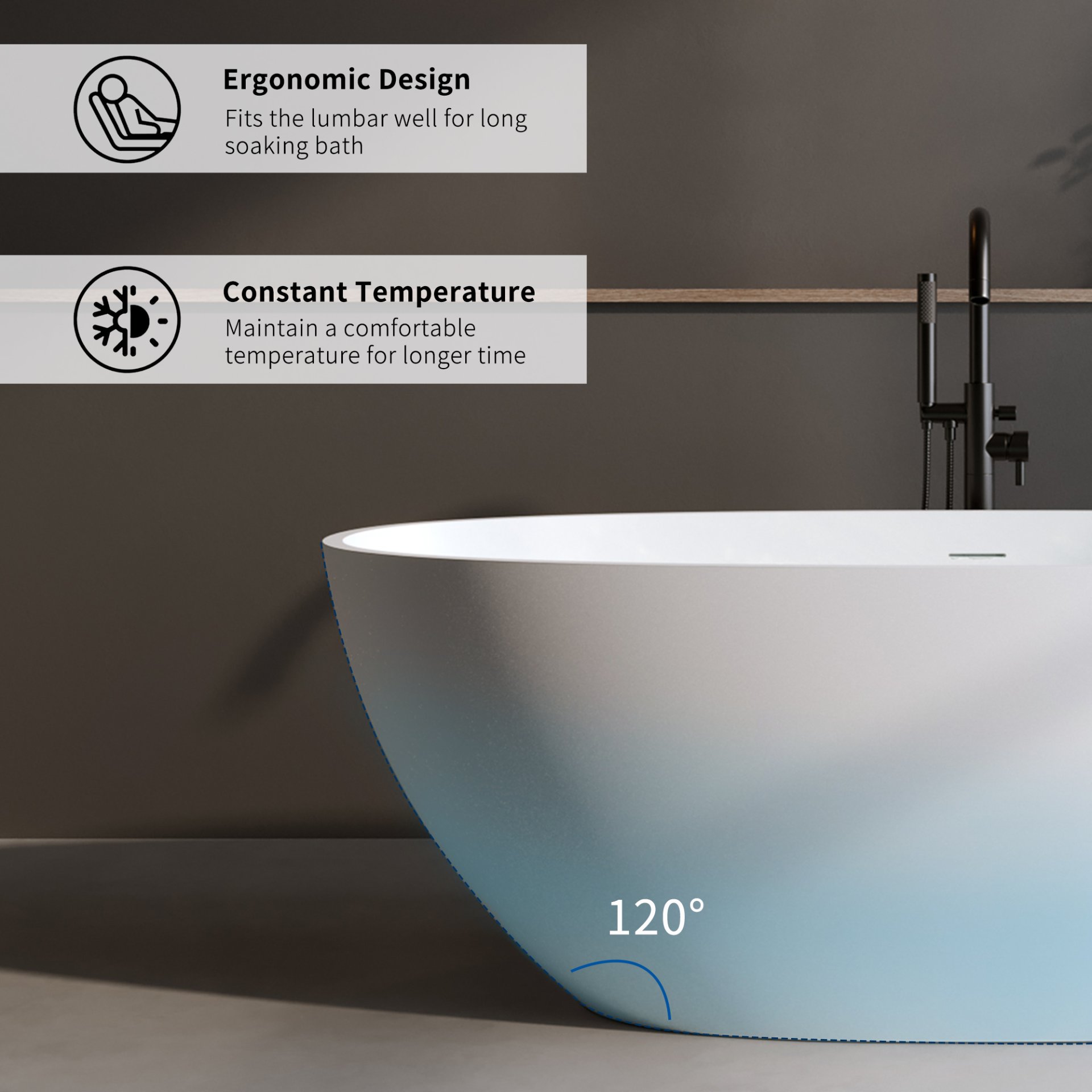 Solid Surface Matte Tub, Solid Surface Soaking Tub, Stone Resin Freestanding Bathtub, Thick Edge Stand Alone Tubs With Overflow, Pop-Up Drain (Oval) - Matte White - Image 5