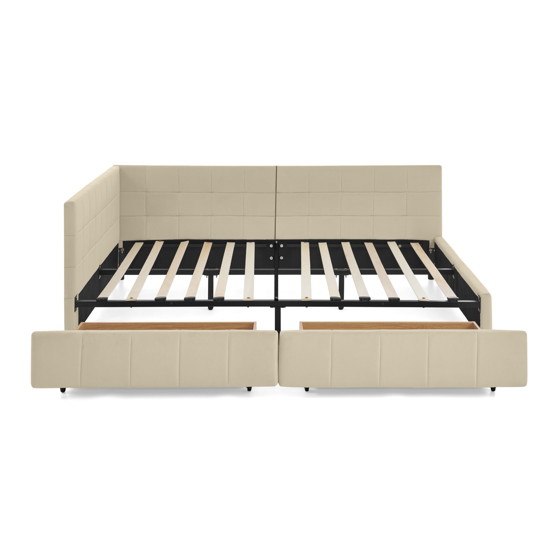 Mid Century Full Size Storage Upholstered Tufted Bed Frame With Backrest And Armrests Velvet - Beige - Image 12