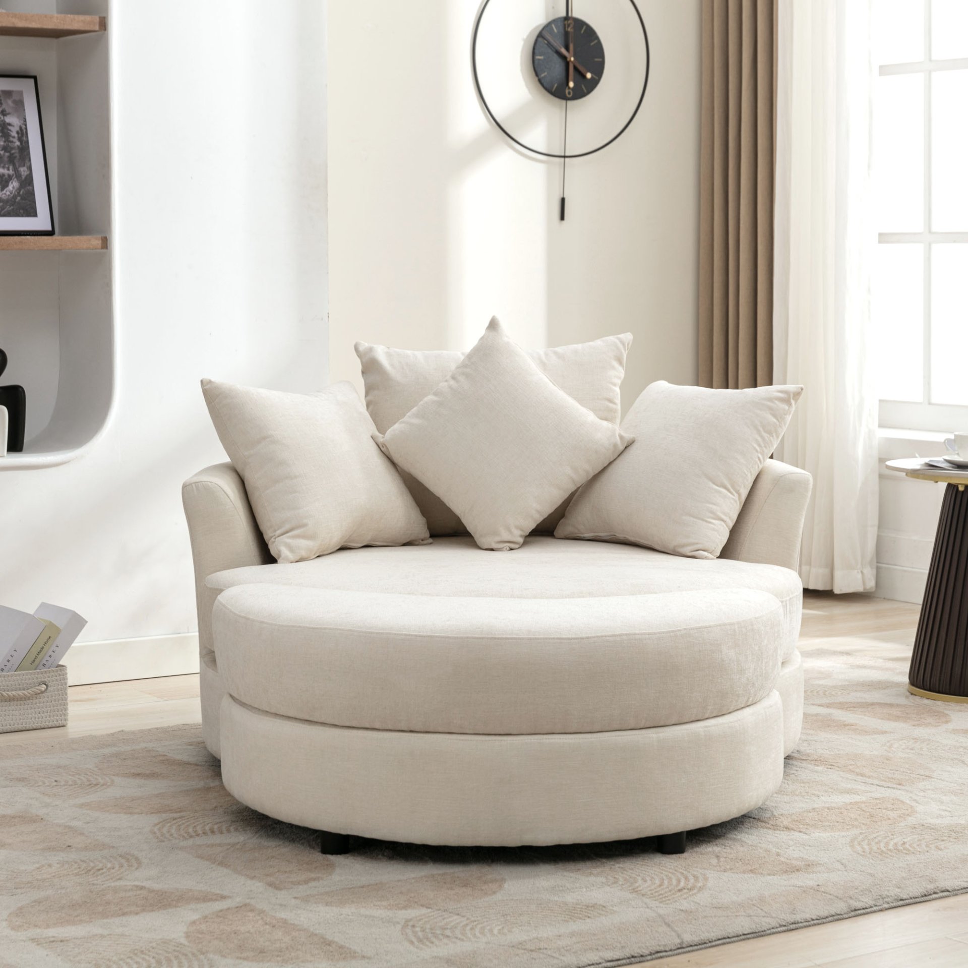 360° Swivel Accent Barrel Chair With Storage Ottoman & 4 Pillows, Modern Chenille Leisure Chair Round Accent For Living Room - Cream - Image 20