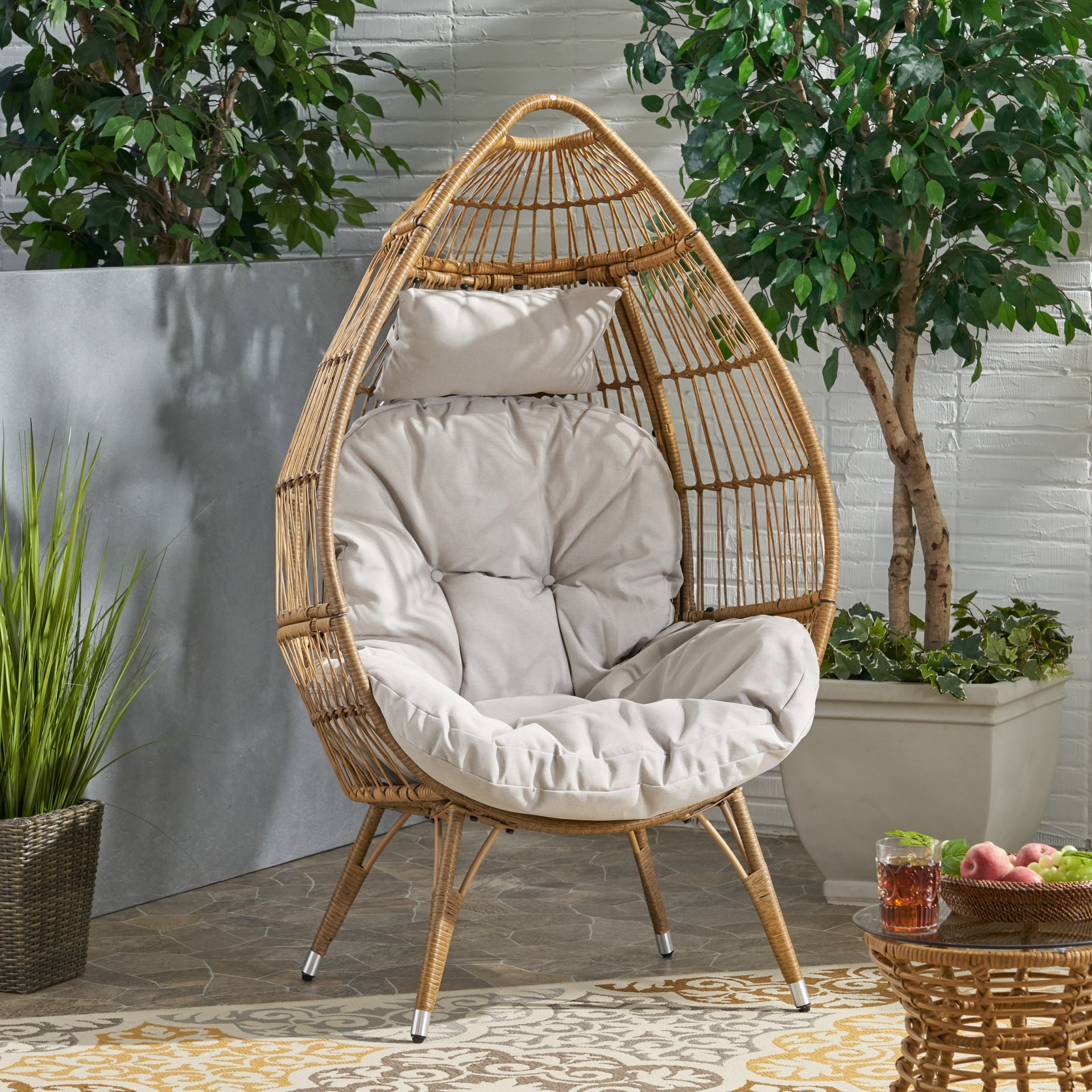 Basket Chair With Teardrop Shape And Water Resistant Cushion - Natural - Image 2