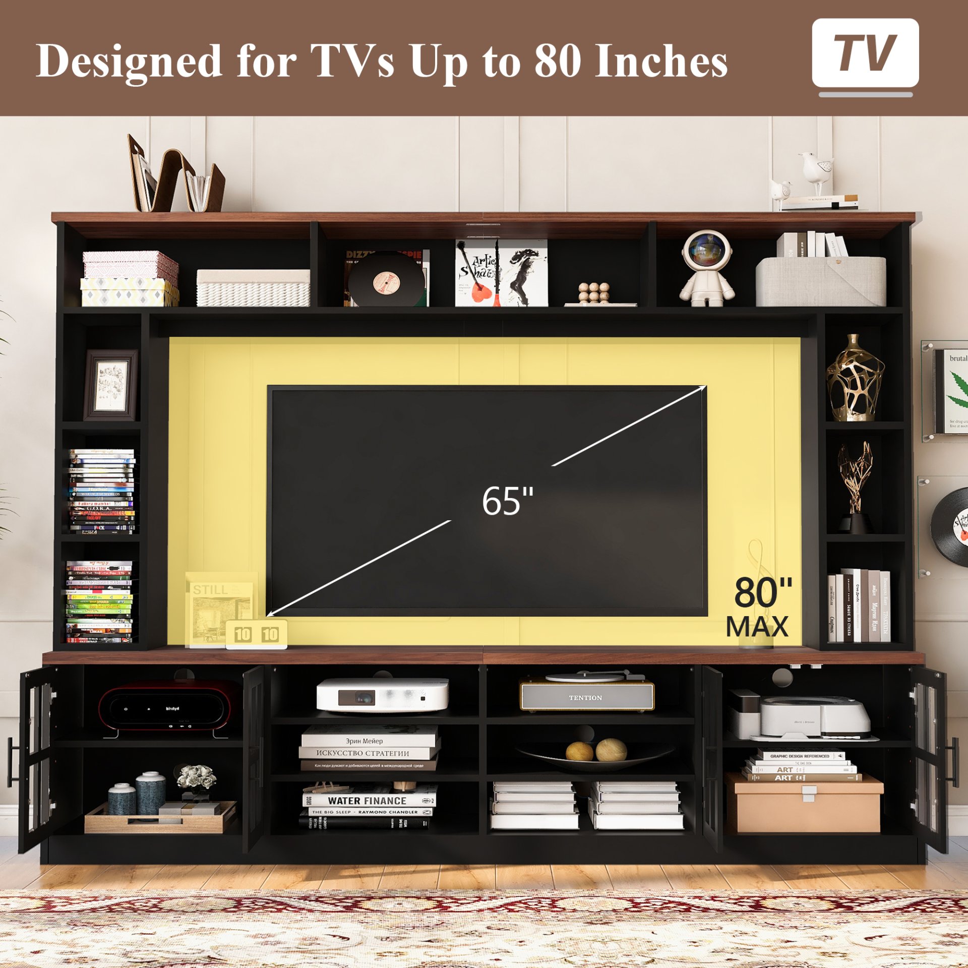 Wall Unit Entertainment Center With Bookshelves For TVs Up To 80", Modern TV Stand Media Console With Cabinets, Tempered Glass Doors And Adjustable Shelves For Living Room - Black - Image 9