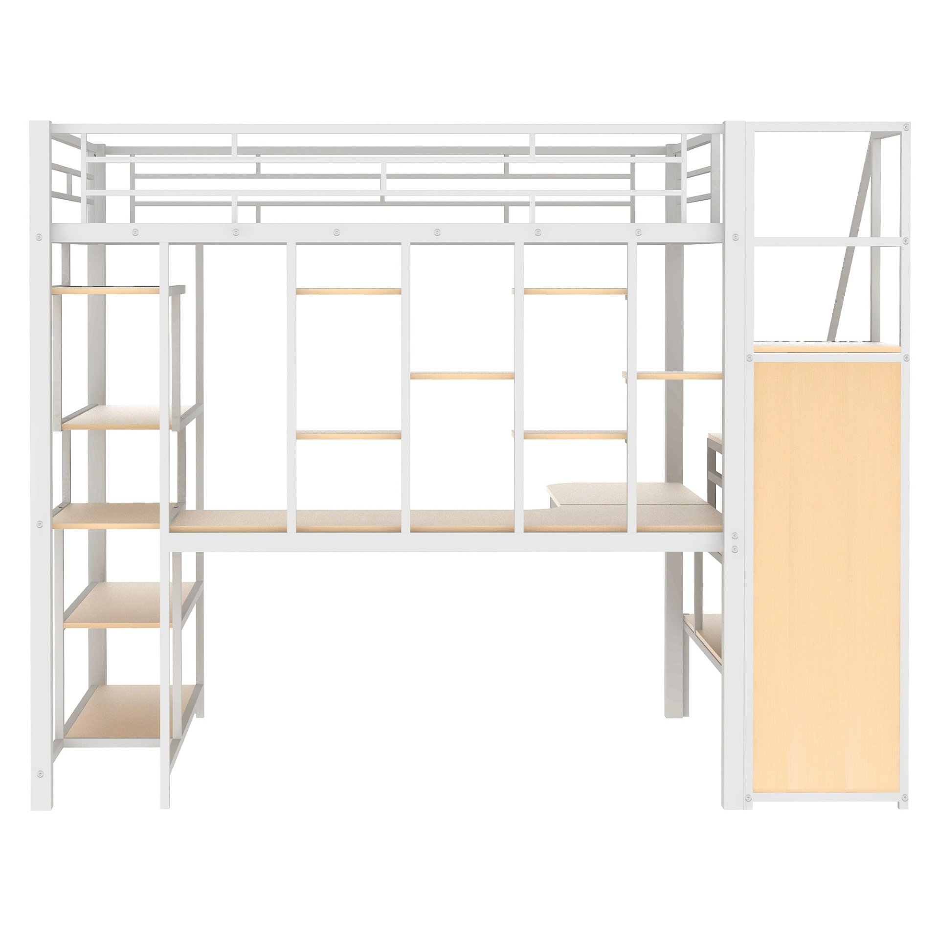 Full Size Metal Loft Bed With Storage Staircase And Small Wardrobe, Built - In Desk And Storage Shelves - White - Image 12