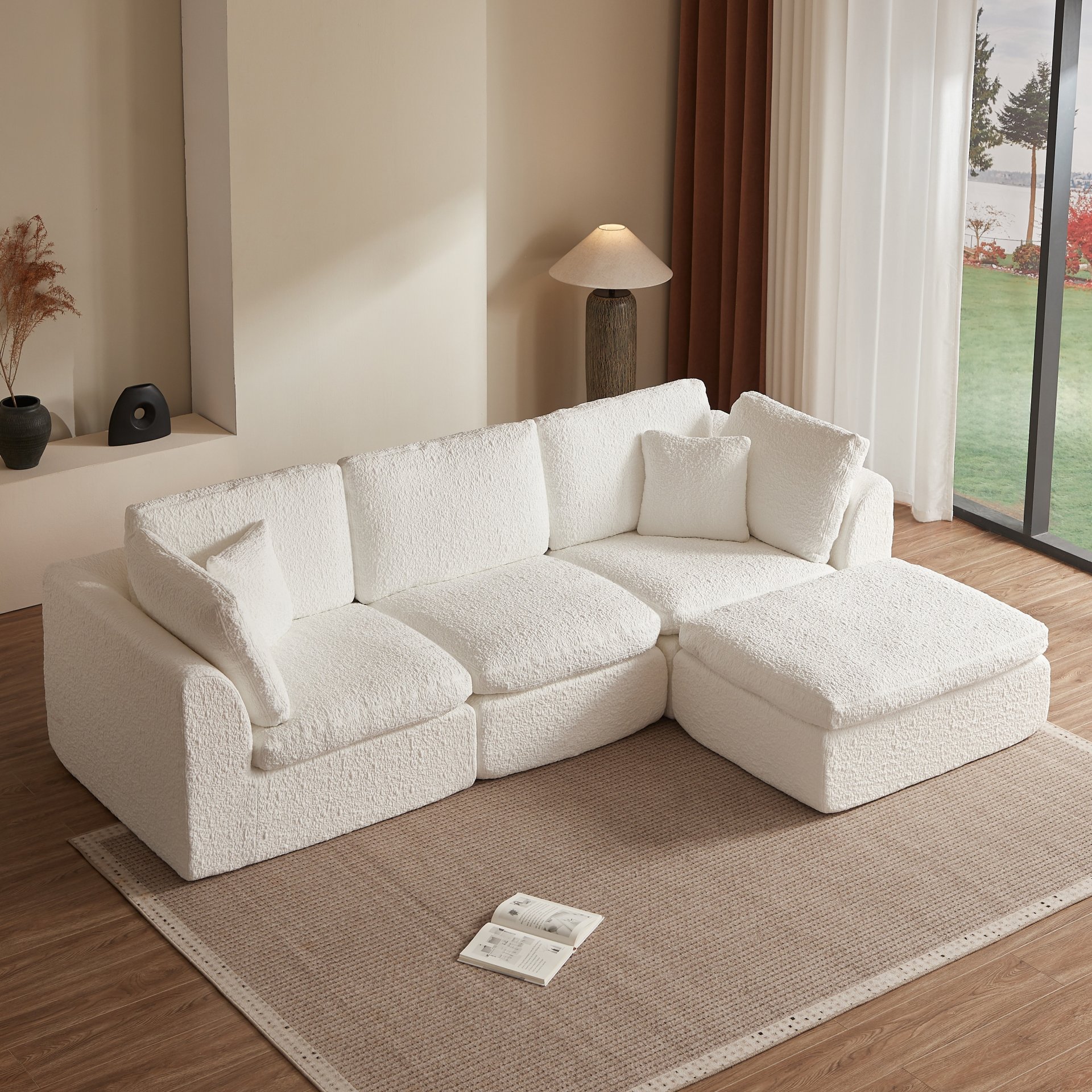 Cloud L Shape Modular Sectional Sofa With Ottoman, 3 Seater Convertible Couch - White - Image 4