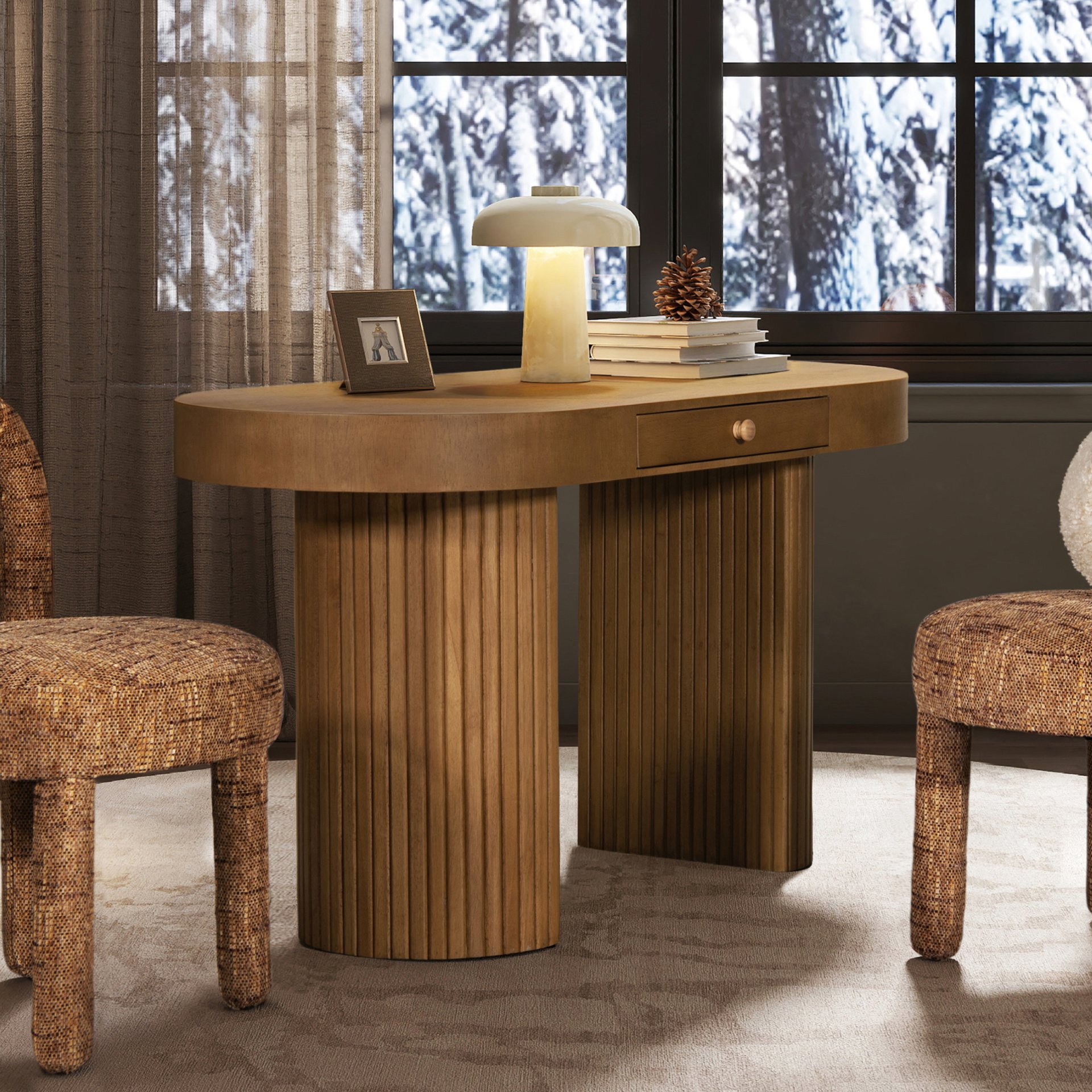 Jesse - Single Drawer Fluted Oval Console Desk - Honey Brown - Image 2