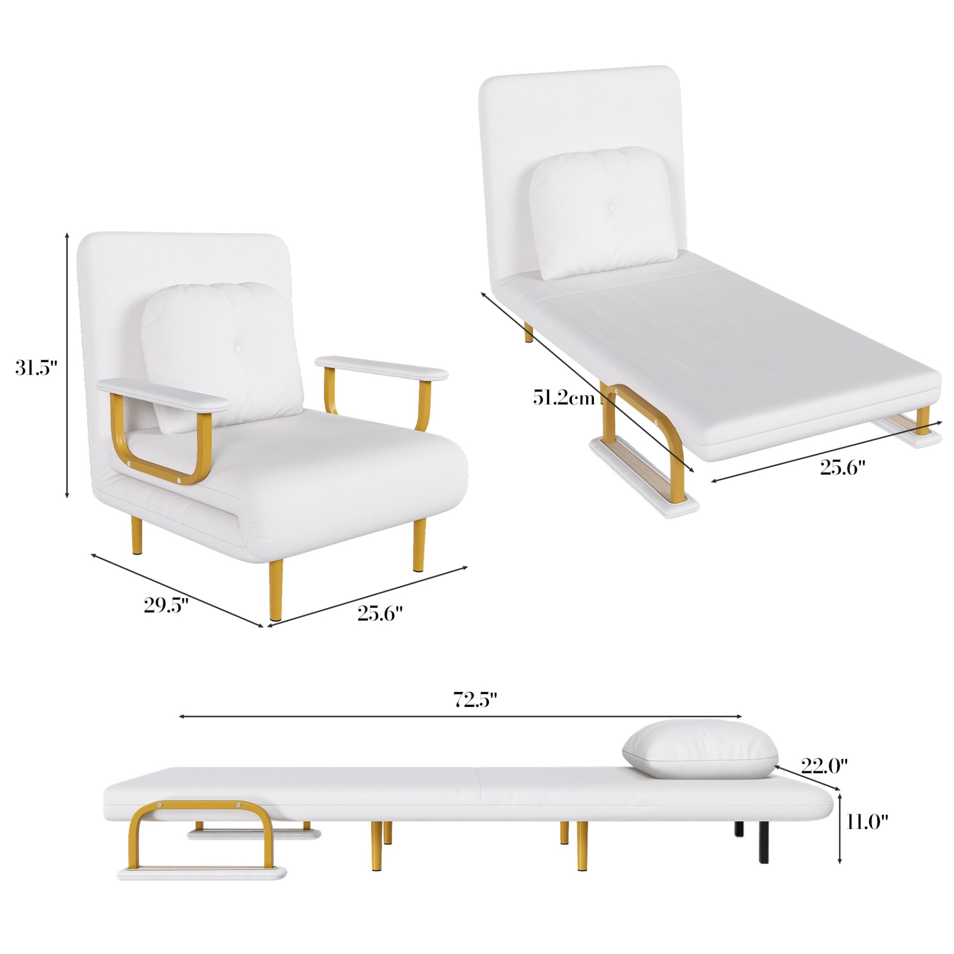 3 In 1 Convertible Folding Sofa Bed With Adjustable Backrest And Pillow - White - Image 15