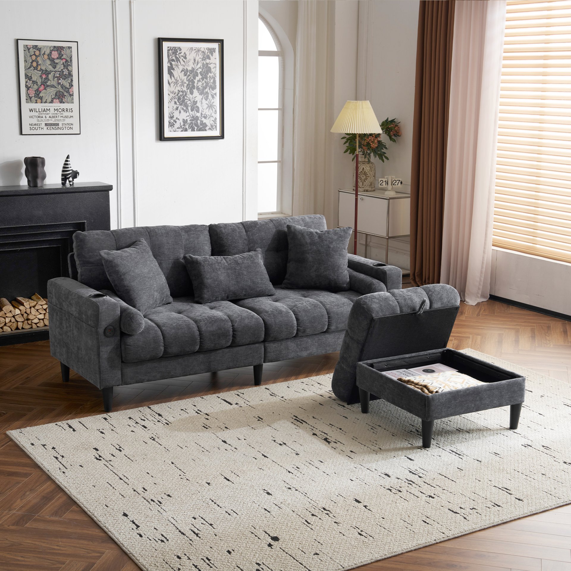 3 Seat L-Shaped Chenille Sofa With Removable And Storage Ottoman, Side Storage, And USB / C - Type Charging Ports Sofa For Living Room, Bedroom, Apartment - Antique Dark Gray - Image 4