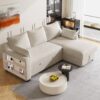 Pull Out Sleeper Sofa L-Shaped Couch Convertible Sofa Bed With Storage Chaise, Storage Racks And USB Ports - Beige - Image 3